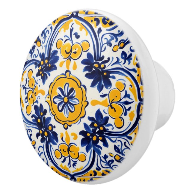 Mediterranean Italian Yellow & Navy Flower Floral Ceramic Knob (Right)