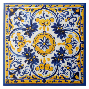 Mediterranean Italian Yellow & Navy Flower Floral Tile