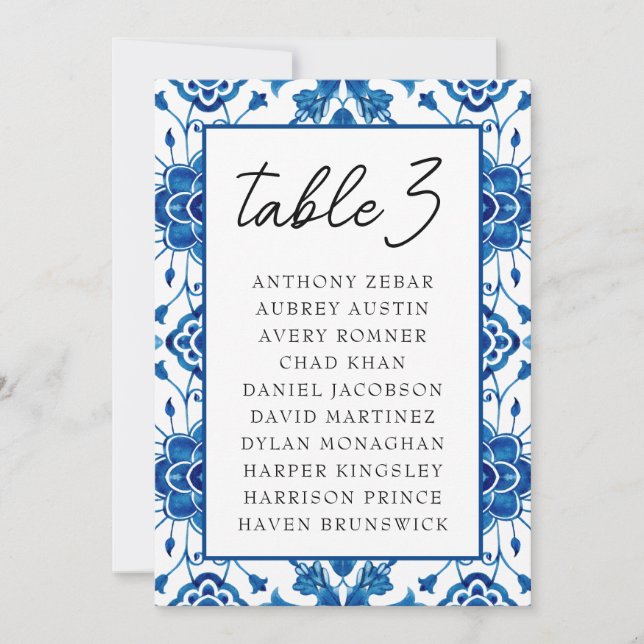 Mediterranean Italy Blue Table Seating Chart Cards (Front)