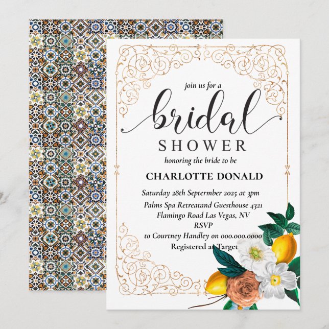 Mediterranean Italy Blue Tiles Bridal Shower  Invitation (Front/Back)