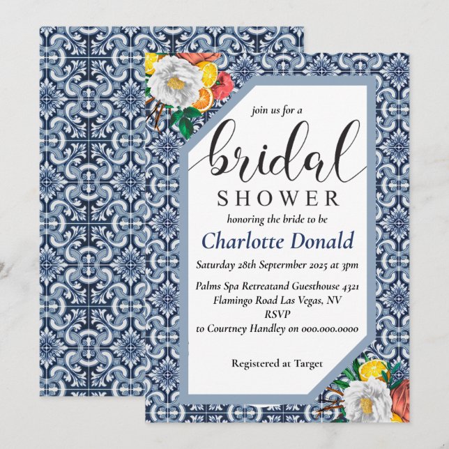 Mediterranean Italy Blue Tiles Bridal Shower  Invitation (Front/Back)