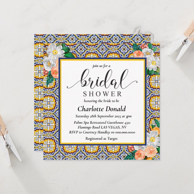 Mediterranean Italy Blue Tiles Bridal Shower  Invitation (Front/Back In Situ)