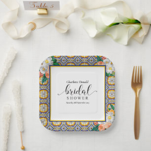 Mediterranean Italy Blue Tiles Bridal Shower  Paper Plate