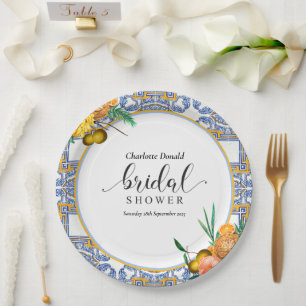 Mediterranean Italy Blue Tiles Bridal Shower Paper Plate