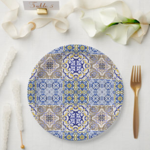 Mediterranean Italy Blue Tiles Bridal Shower Paper Plate
