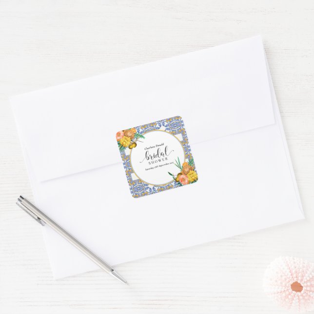 Mediterranean Italy Blue Tiles Bridal Shower  Square Sticker (Envelope)