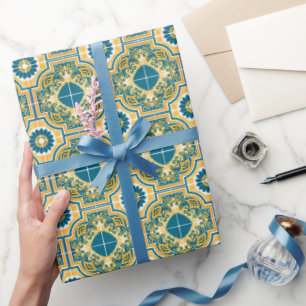 Mediterranean Italy Blue Tiles Bridal Shower Wrapping Paper