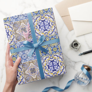 Mediterranean Italy Blue Tiles Bridal Shower Wrapping Paper