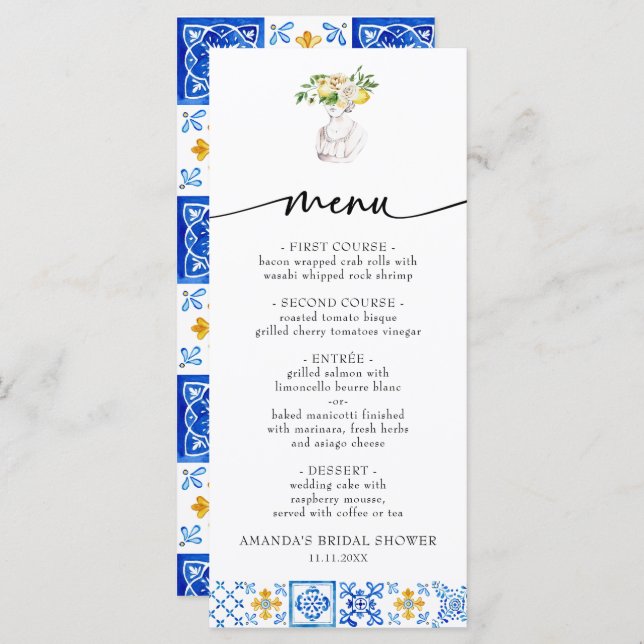 Mediterranean Italy Floral Lemon Bridal Shower Menu (Front/Back)