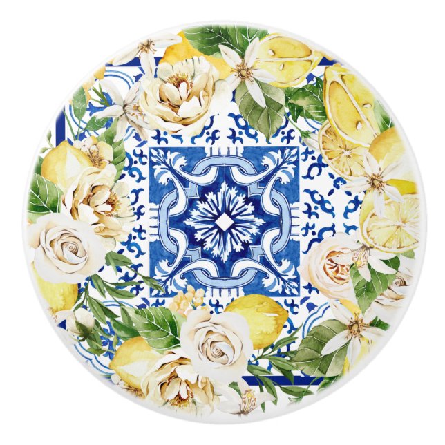 Mediterranean Italy Sicily blue tiles with lemons  Ceramic Knob (Front)