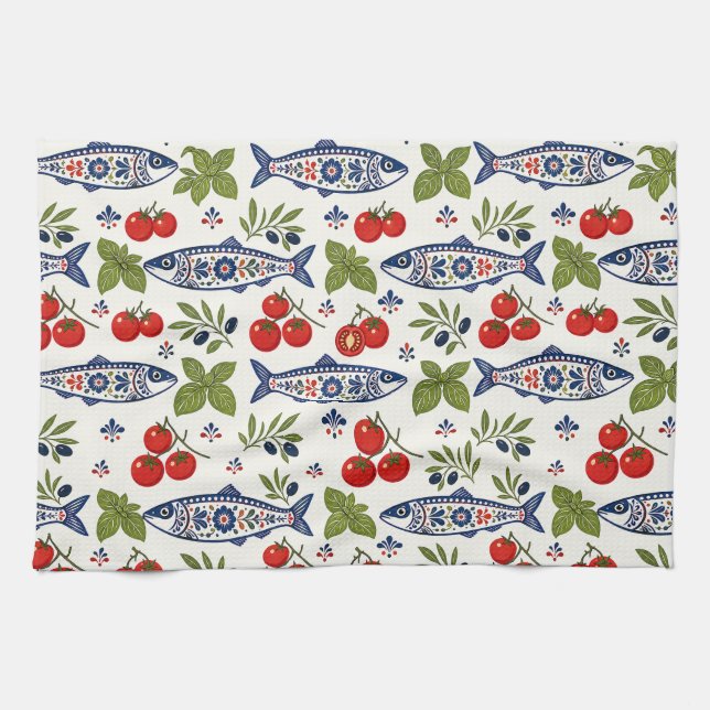 Mediterranean Kitchen Towels, Fish, Tomato & Basil Towel (Horizontal)