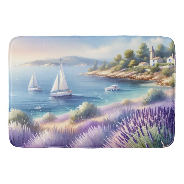 Mediterranean Lavender Coast with Sailboats Bath Mat (Front)