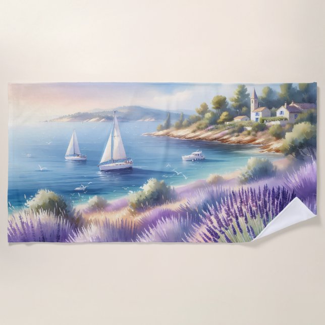Mediterranean Lavender Coast with Sailboats Beach Towel (Front)