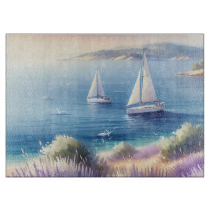 Mediterranean Lavender Coast with Sailboats Cutting Board