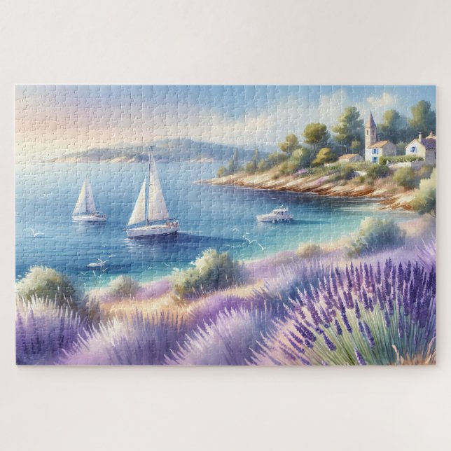 Mediterranean Lavender Coast with Sailboats Jigsaw Puzzle (Horizontal)