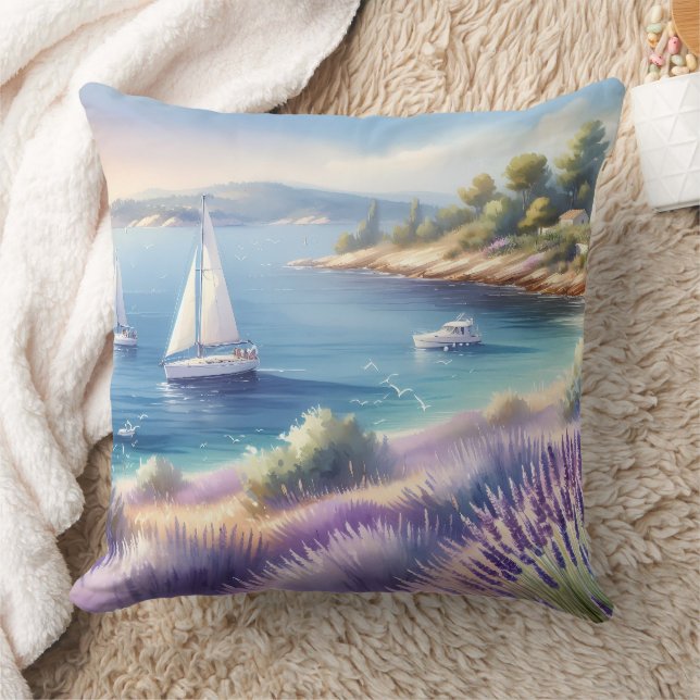 Mediterranean Lavender Coast with Sailboats Throw Pillow (Blanket)