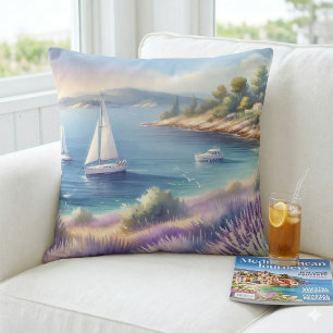 Mediterranean Lavender Coast with Sailboats Throw Pillow