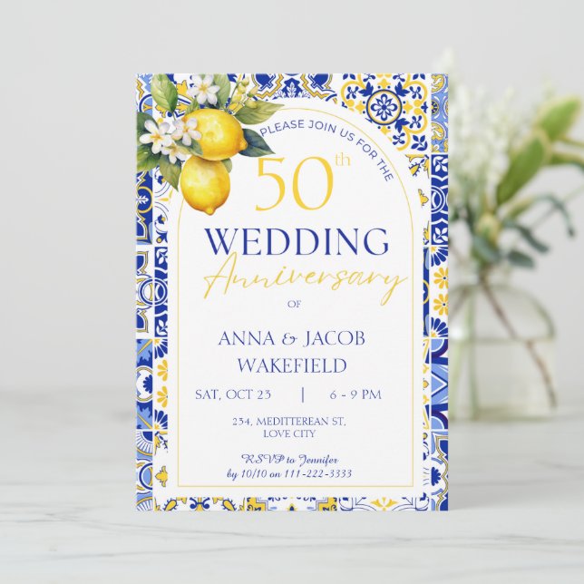 Mediterranean Lemon 50th Wedding Anniversary Invitation (Standing Front)