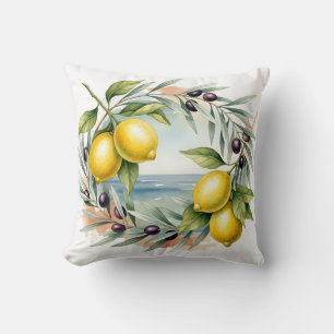 Mediterranean Lemon and Olive Branch Watercolor  Throw Pillow