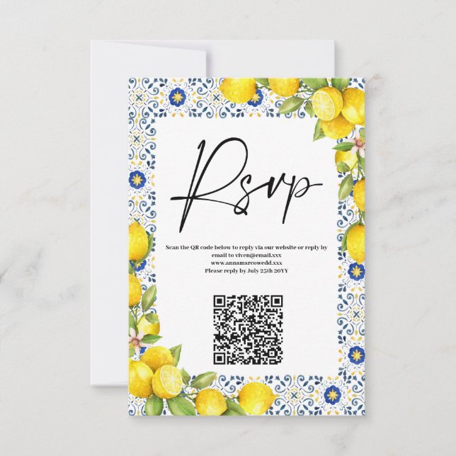Mediterranean Lemon and Tiles Wedding QR Code RSVP Card (Front)