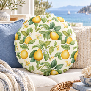 Mediterranean Lemon Blossoms Citrus Round Pillow