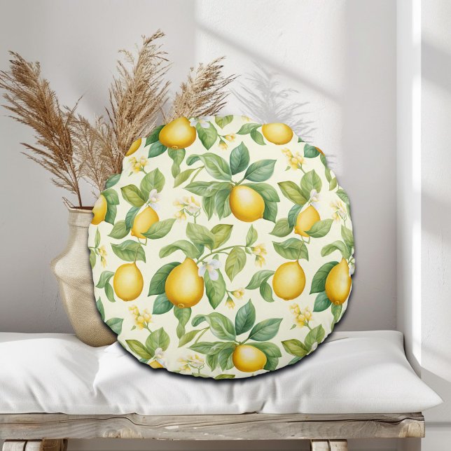 Mediterranean Lemon Blossoms Citrus Round Pillow (Creator Uploaded)