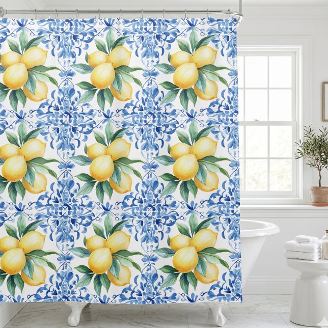 Mediterranean Lemon Blue (mediterranean citrus lemon blue tile french country shower curtain)