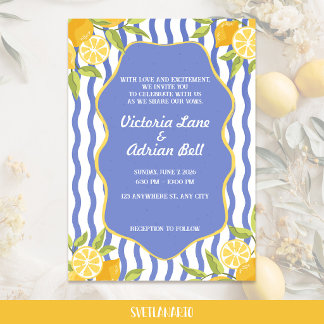 Mediterranean Lemon Blue Striped Wedding  Invitation