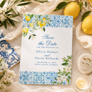 Mediterranean Lemon Blue Tile Coastal Save The Date