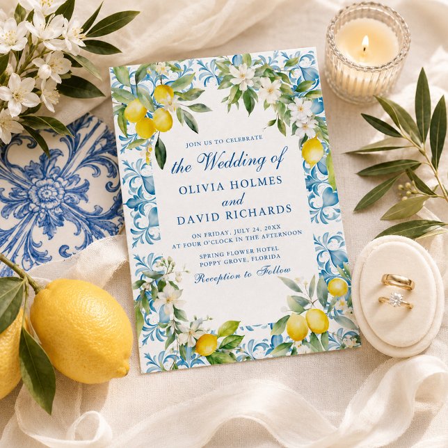 Mediterranean Lemon Blue Tile Coastal Wedding Invitation (Mediterranean Lemon Blue Tile Coastal Wedding Invitation)