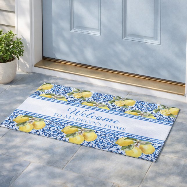 Mediterranean Lemon Blue Tile Personalized Welcome Doormat (Creator Uploaded)