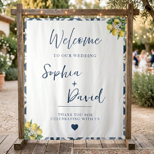 Mediterranean Lemon Blue Tile Wedding Backdrop Tapestry