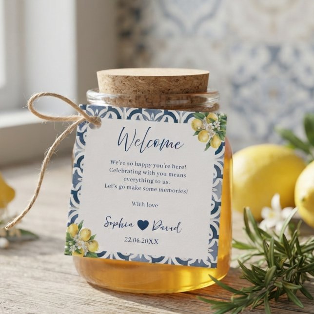 Mediterranean Lemon Blue Tile Wedding Favour Tag (Creator Uploaded)