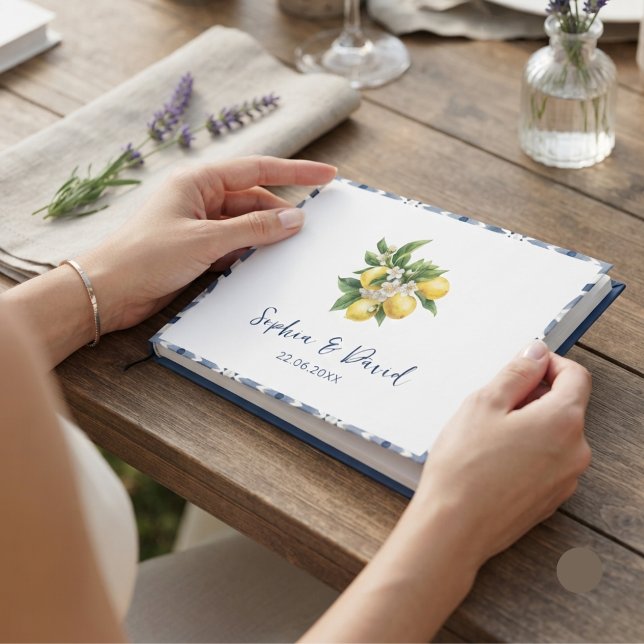 Mediterranean Lemon Blue Tile Wedding Guest Book (Creator Uploaded)