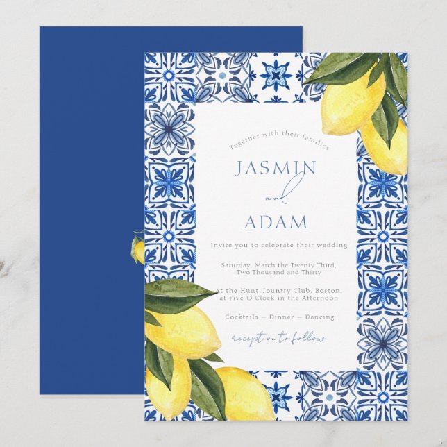Mediterranean Lemon Blue Tile Wedding Invitation (Front/Back)