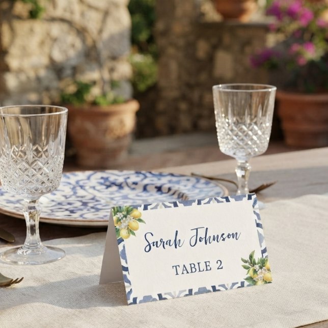 Mediterranean Lemon Blue Tile Wedding Place Card (Creator Uploaded)