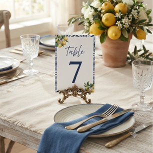 Mediterranean Lemon Blue Tile Wedding Table Number