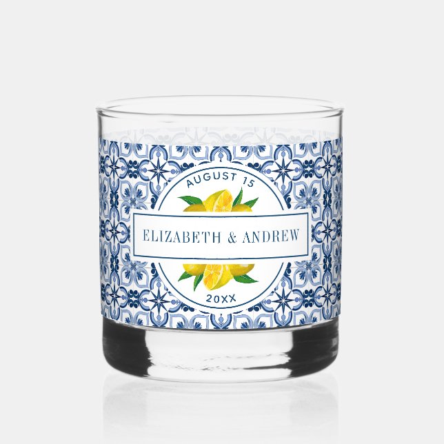 Mediterranean Lemon Blue Tile Wedding Whiskey Glass (Front)