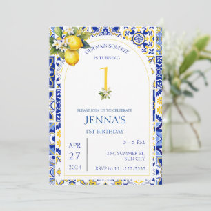 Mediterranean Lemon Blue Tiles 1st 2nd Birthday Invitation