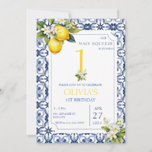 Mediterranean Lemon Blue Tiles 1st 2nd Birthday  Invitation