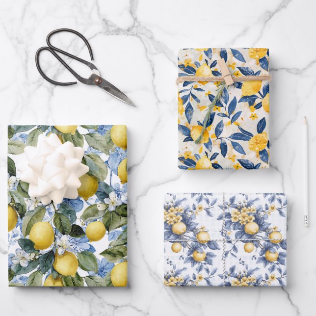Mediterranean Lemon Botanical Citrus Pattern Wrapping Paper Sheet (Front)