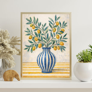 Mediterranean Lemon Branch in Blue Vase – Rustic Poster