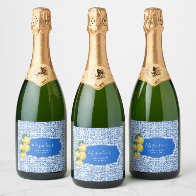 Mediterranean Lemon Bridal Shower Sparkling Wine Label (Bottles)