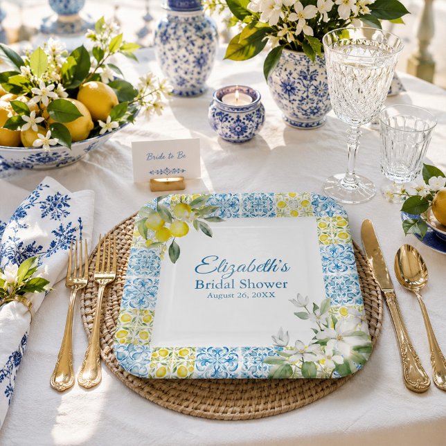 Mediterranean Lemon Bridal Shower Square Paper Plate (Mediterranean Lemon Bridal Shower Square Paper Plates)