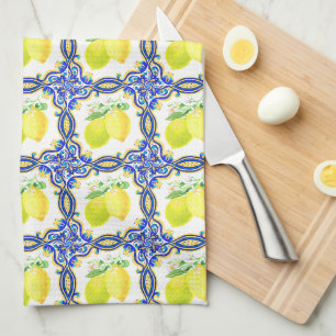 Mediterranean Lemon Citrus Blue And White Kitchen Towel