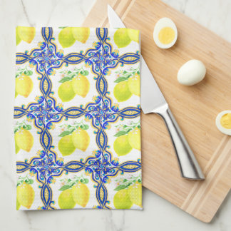 Mediterranean Lemon Citrus Blue And White Kitchen Towel