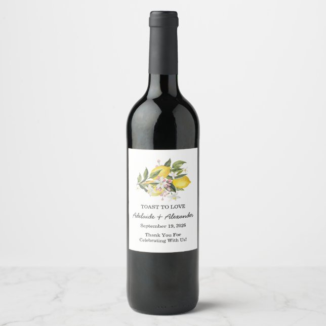 Mediterranean Lemon Citrus Wedding Wine Label (Front)
