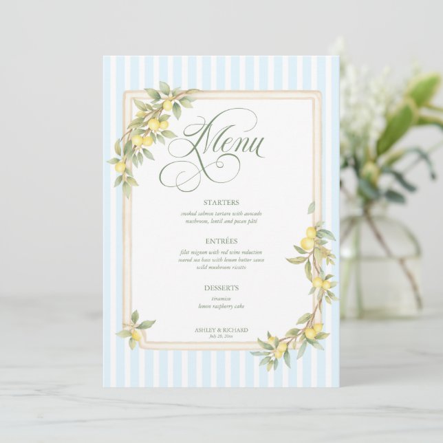 Mediterranean Lemon Coastal Stripe Wedding Menu (Standing Front)
