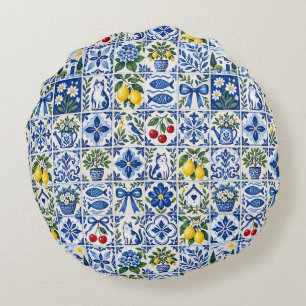 Mediterranean Lemon & Cobalt Blue Tile Garden Round Pillow