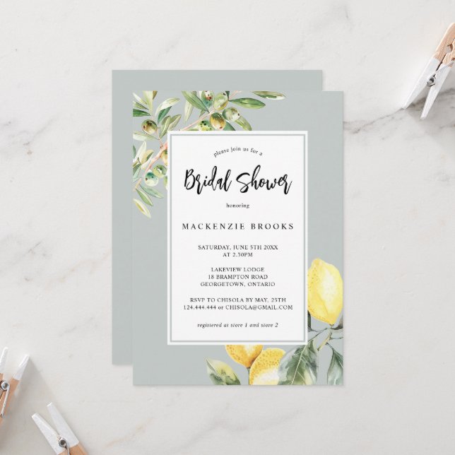 Mediterranean Lemon Elegant Citrus Bridal Shower Invitation (Front/Back In Situ)